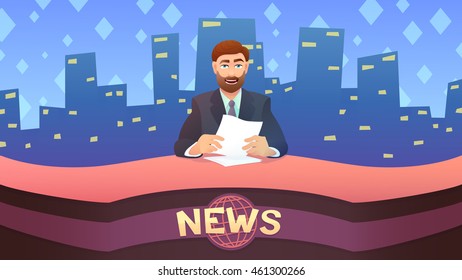Breaking news - News announcer in the studio. Cartoon illustration style.