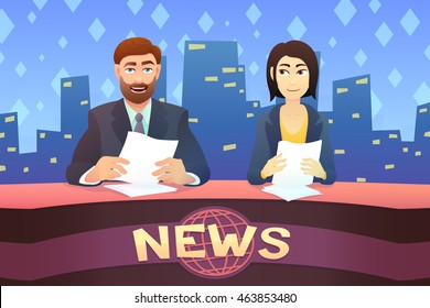 Breaking news - News announcer in the studio. Cartoon illustration style.