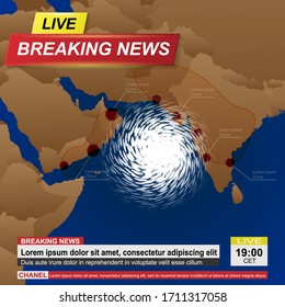 Breaking News With Asia Map And White Hurricane. Nature Disaster In Ocean And Near Asia Cost
