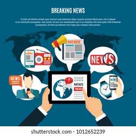 Breaking news background with fresh  information on tablet screen tv anchor newspaper and radio receiver round icons flat vector illustration