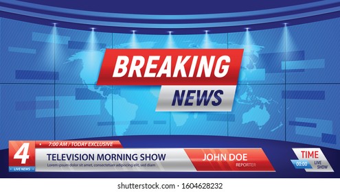 Breaking news background with silhouette of earth map studio lights and bars with editable vfx text vector illustration