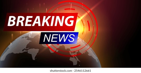 Breaking news background template. Red futuristic broadcast with glowing planet. Business vector