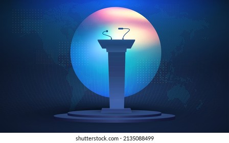 Breaking news background with World map, podium tribune and light effects