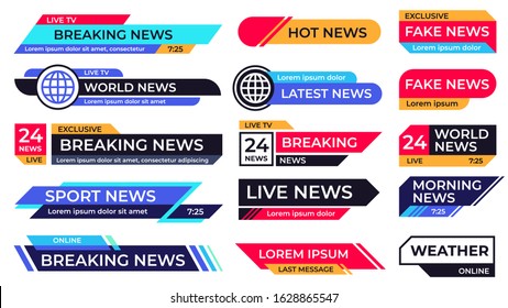 Breaking news banner. Broadcasting screen bars, television title third part banners and live TV sport news communication, information screen frame vector set