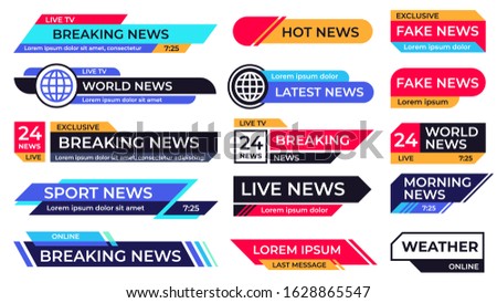Breaking news banner. Broadcasting screen bars, television title third part banners and live TV sport news communication, information screen frame vector set
