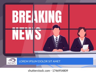 Breaking news banner flat vector template. Emergency broadcast brochure, poster concept design with cartoon characters. Professional journalism horizontal flyer, leaflet with place for text