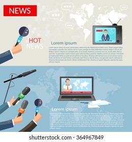 Breaking news banner hands of journalists with microphones vector  