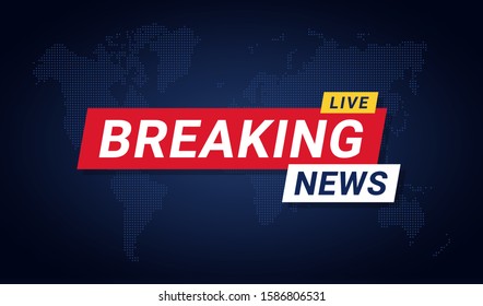 Breaking news banner template. Breaking news background for screensaver, lower third. Red and blue banner on stylized world map background. Vector