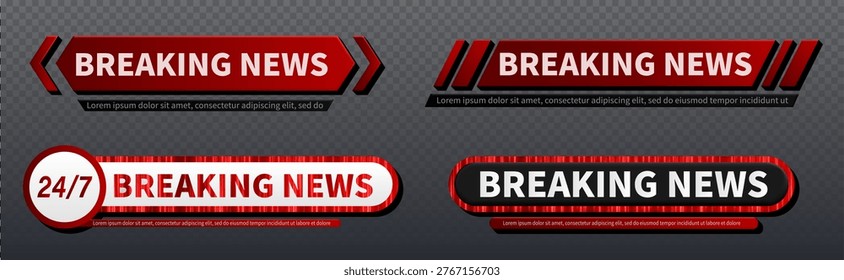 Breaking news banner template with red lower third bar for TV broadcast channels, realistic vector set of frames isolated on transparent background. Elegant header overlay graphic for live headlines