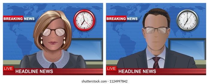 Breaking news banners set with male and female speakers in the studio. Man and woman silhouettes news anchor. News background collection. Vector illustration