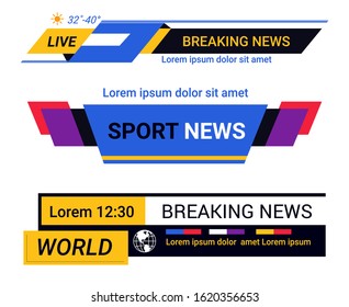Breaking news bars set, TV live report headers templates. Sport events broadcasting. Television channel interface lower bra with text, time and world icon. Vector illustration on white background.