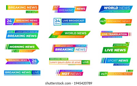 Breaking news bars. Text frames bar, banners or name strip for tv sports title. Modern broadcast header, video stream or show recent vector element