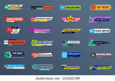 Breaking news bars. Videos text headers, broadcast design strip. Tv show, sport competition stream or channel name sign, exact vector collection