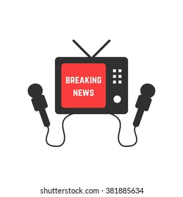 breaking news with black TV and microphone. concept of entertainment, studio, newscast, paparazzi, home cinema, information. flat style trend modern logo design vector illustration on white background