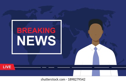 Breaking news. Black TV news presenter with world map on the dark background. Modern news broadcaster announcing live news. vector illustration in flat style. 