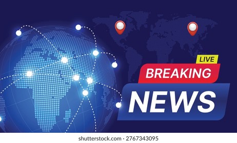 Breaking News Broadcast Template. 3D Red and Blue Live News Badge with Earth Globe and World Map Background, TV Channel Vector Illustration