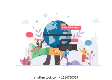 Breaking News Broadcasting Vector Illustration Concept Showing a live television news reporting, Suitable for landing page, ui, web, App intro card, editorial, flyer, and banner.