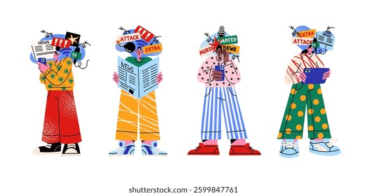 Breaking news characters set. Cartoon people reading newspapers with urgent notifications, alerts, and information pop-ups. Dynamic and modern media concept in cartoon doodle style.