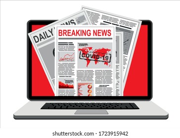 Breaking news. Close up of print newspaper in laptop with breaking news about coronavirus and global pandemic Covid-19. Vector illustration.