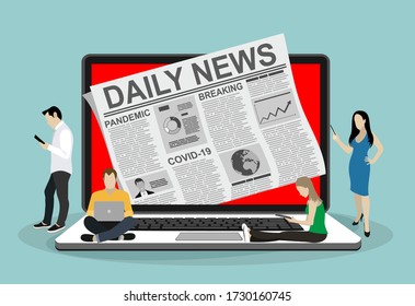 Breaking news. Close up of print newspaper in laptop with breaking news about coronavirus and global pandemic Covid-19. People are watching the latest news. Vector illustration.