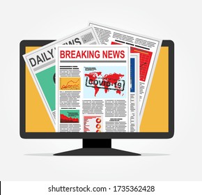 Breaking news. Close up of print newspaper in PC with breaking news about coronavirus and global pandemic Covid-19. Vector illustration.