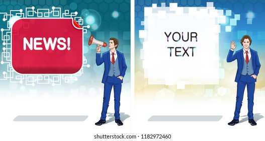 Breaking News concept. Advertisement clipart. Announce banner template. Business invitation cards. Colorful cartoon characters. Vector illustration. 