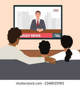 Breaking news concept. Back view of family couple and children sitting on sofa in living room, watching TV news with host interviewing guest. Flat vector illustration isolated on white background