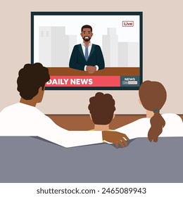 Breaking news concept. Back view of family couple and children sitting on sofa. Flat vector illustration isolated on white background