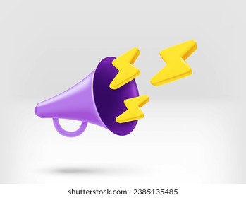 Breaking news concept. Bullhorn with golden thunderbolt. 3d vector illustration