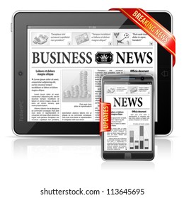 Breaking News Concept with Business Newspaper on Screen Tablet PC and Smartphone with Updates, vector