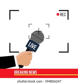 Breaking News Concept Creative Illustration On TV Vector On Live With Camera Frame & Record. Journalism On Flat Design. Human Hand With A Modern Mic. Microphone In One Hand Of Journalist 