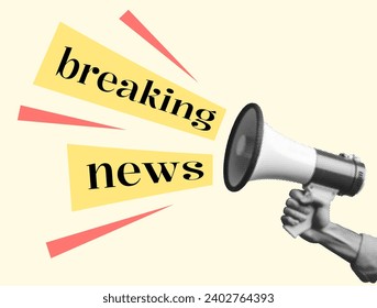 breaking news concept design with hand holding megaphone loudspeaker isolated on beige background black white effect dotted texture retro halftone collage cut-out element pop art style object