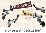 breaking news concept design with hands holding microphones megaphones isolated retro halftone dotted collage cut-out element for urgency communication media journalism announcement broadcasting