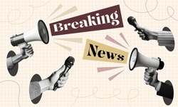 breaking news concept design with hands holding microphones megaphones isolated retro halftone dotted collage cut-out element for urgency communication media journalism announcement broadcasting