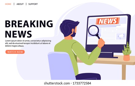 Breaking news concept. Man reading news with a magnifying glass using computer. Vector web page banner illustration.