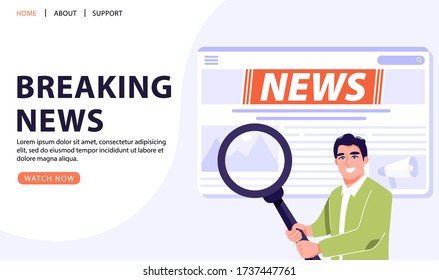 El concepto de las últimas noticias. Hombre leyendo noticias con una lupa. Ilustración de banner de la página web del vector.