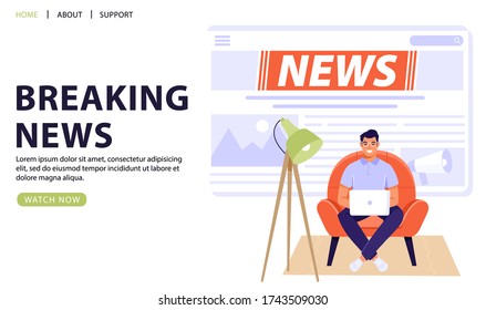 Breaking news concept. Man sitting in chair and reading news using computer. Vector web page banner illustration.
