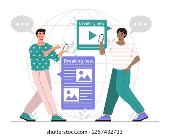 Breaking news concept. Men with smartphones in their hands show each other knowledge and information, rumors. Mass media and journalism