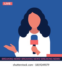 Breaking news concept. Breaking news on tv, broadcasting journalist. Silhouette of a woman with a microphone. Journalist, presenter, news program author. Vector illustration in a flat style