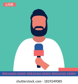 Breaking news concept. Breaking news on tv, broadcasting journalist. Silhouette of a man with a microphone. Journalist, presenter, news program author. Vector illustration in a flat style