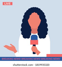 Breaking news concept. Breaking news on tv, broadcasting journalist. Silhouette of a woman with a microphone. Journalist, presenter, news program author. Vector illustration in a flat style