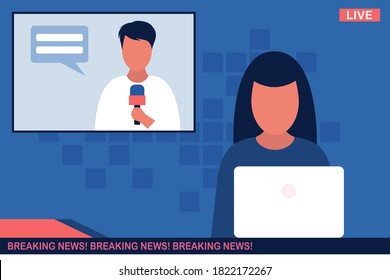 Breaking news concept. Breaking news on tv, broadcasting journalist,  presenter, news program author. Vector illustration in a flat style