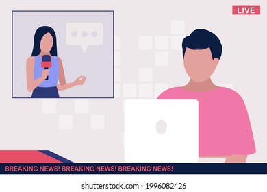 Breaking news concept. Breaking news on tv, broadcasting journalist,  presenter, news program author. Vector illustration in a flat style