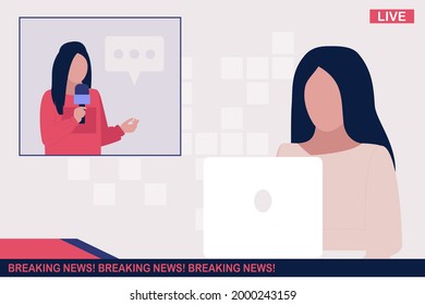 Breaking news concept. Breaking news on tv, broadcasting journalist,  presenter, news program author. Vector illustration in a flat style