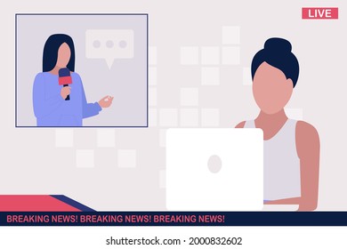 Breaking news concept. Breaking news on tv, broadcasting journalist,  presenter, news program author. Vector illustration in a flat style