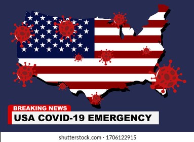 Breaking News - Covid-19 Coronavirus United States of America Emergency. USA Map and Flag.