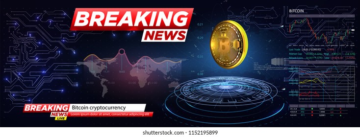 Breaking news a cryptocurrency, bitcoin in HUD style.Icon of Bitcoin. Realistic Bitcoin coin on the blue background of the electrical circuit. Modern cryptocurrency. Vector illustration.