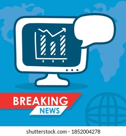 breaking news design with computer and speech bubble over blue background, colorful design, vector illustration