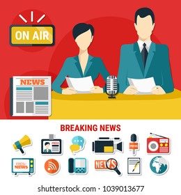 Breaking news design concept with television announcers on air and set of flat isolated icons on press theme vector illustration