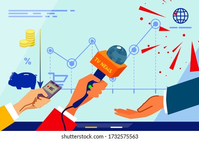 Breaking news design. Interview of a journalist with a businessman. Infographic screen. The decline in profits and revenues. Finance sector.